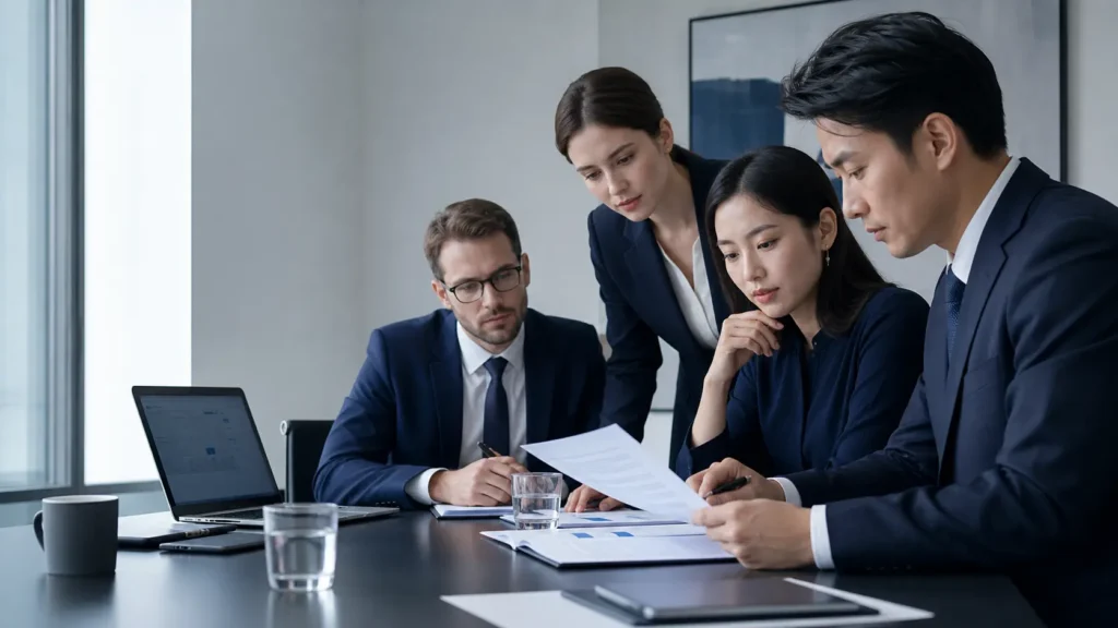 Cross-border business team reviewing China Company Law requirements and corporate records.