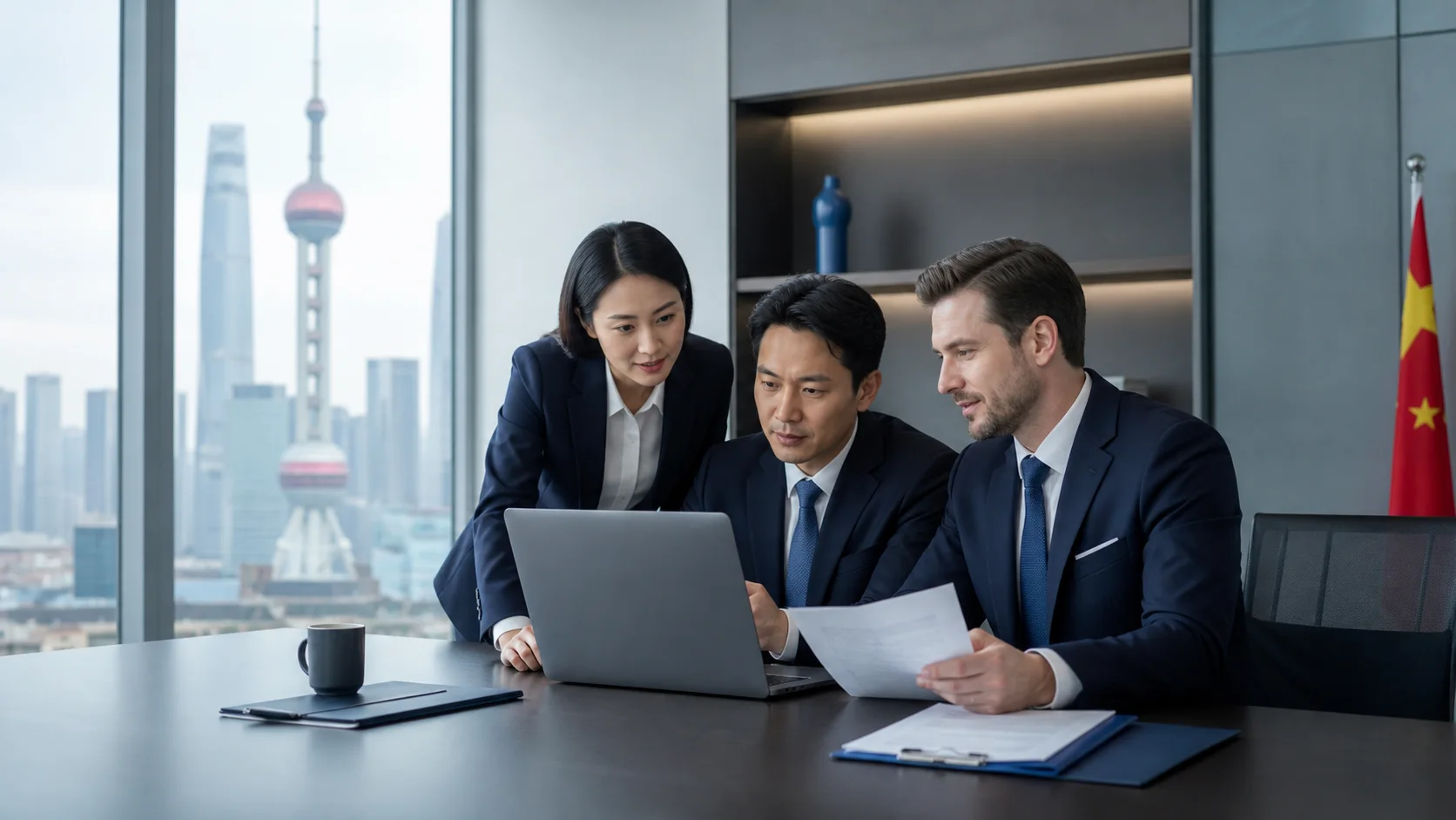Cross-border business team completing an electronic contract with a Chinese counterparty.