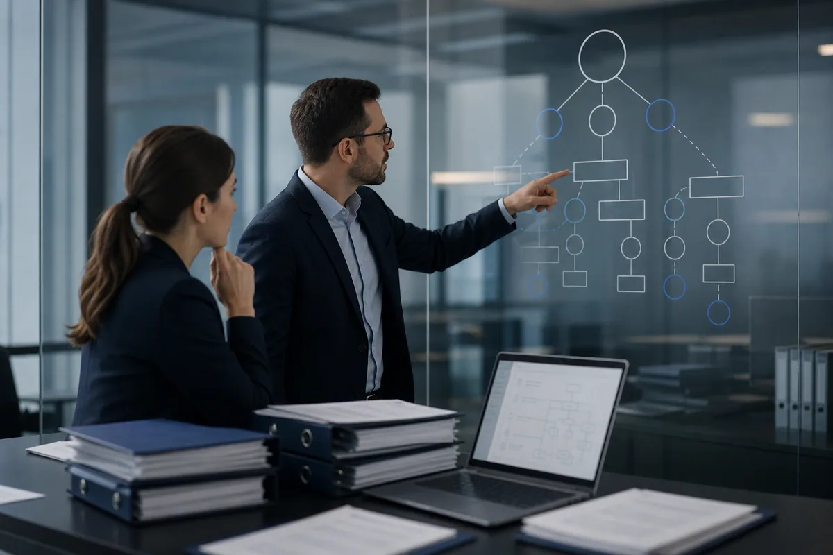 Analyst mapping corporate ownership and control relationships during investment due diligence.