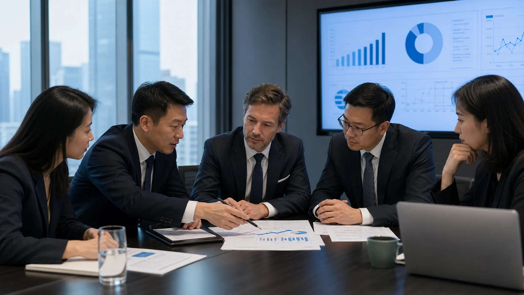 Minority investor and Chinese joint-venture management reviewing governance and shareholder rights.