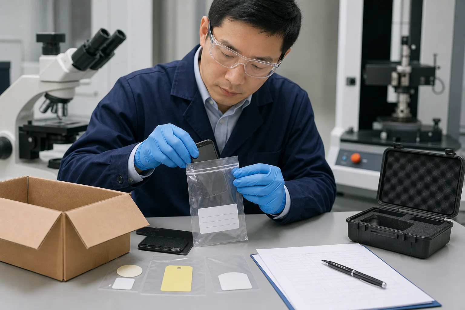 Engineer documenting a defective product sample beside test reports and traceability records.