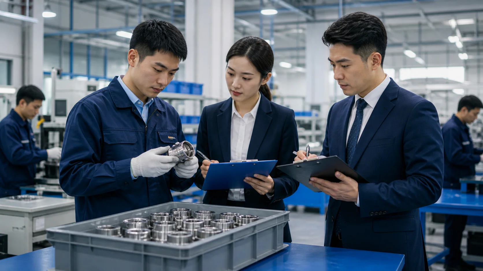 Quality and legal team inspecting a manufactured product batch for a China liability claim.