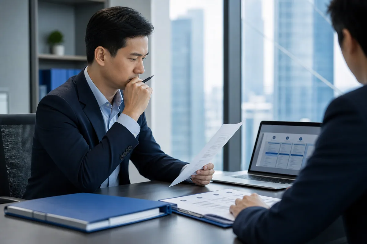 Business manager reviewing company and bank-account details before approving payment.